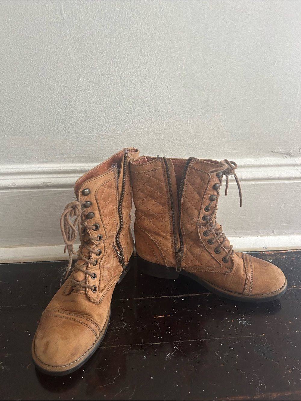 Quilted Lace-Up Tan Combat Boots